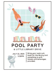 Promotional flyer for pool party and Little Library Drive